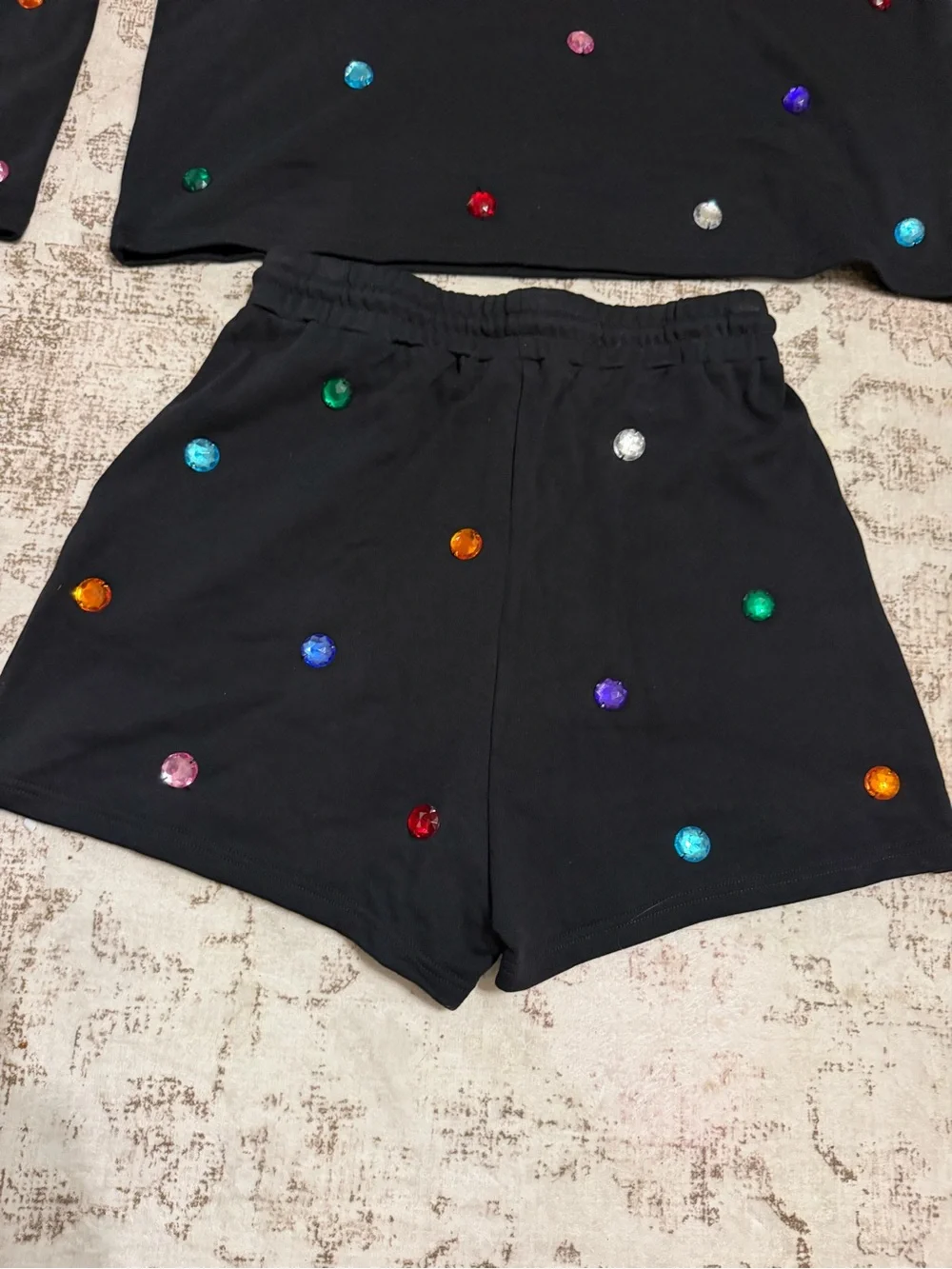 QUEEN OF SPARKLES SET Black Hoodie & Shorts with Multicolor Gems